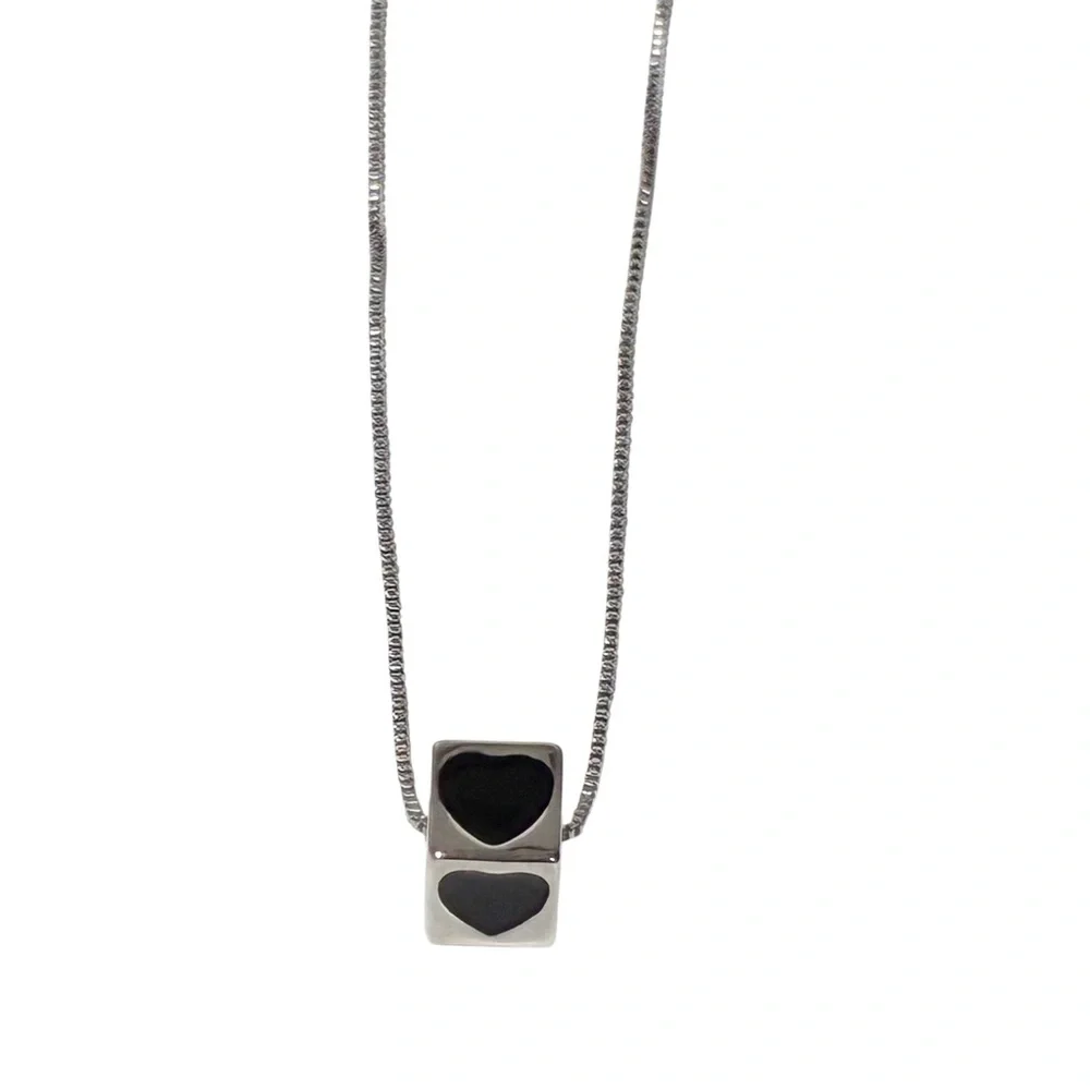 925 Sterling Silver Black Cube Heart Necklace Jewelry